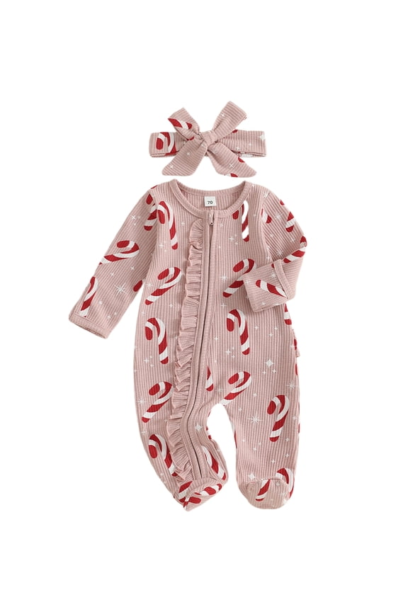 Girl Christmas Candy Cane/Gingerbread Print Jumpsuit with Headband