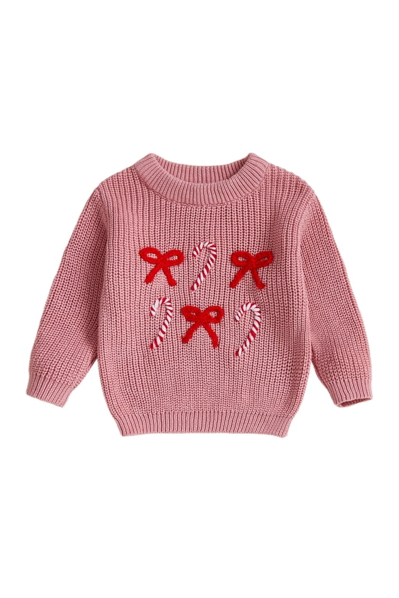 Girl Christmas Sweaters Long Sleeve Candy Cane Embroidery Tops
