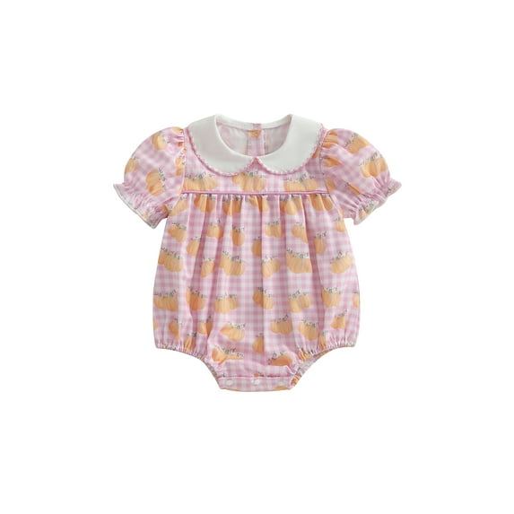 BemeyourBBs Girl Pumpkin Print Jumpsuit Short Sleeve Doll Collar Plaid Romper