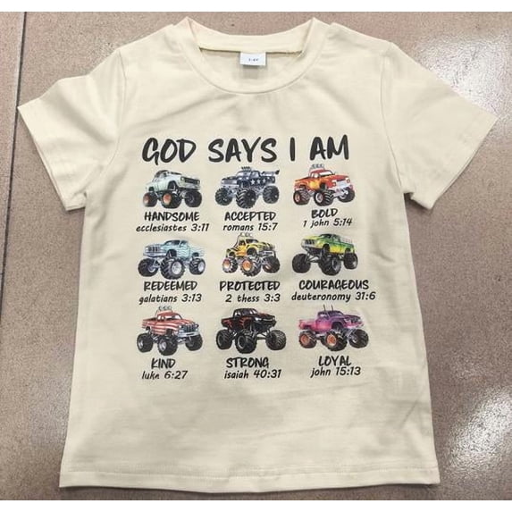 BemeyourBBs God Says I Am Toddler Baby Boy Summer Outfit Kids Baby Boy Christening Clothes Short Sleeve Vehicle Letters Print Summer T Shirt Tops Clothes