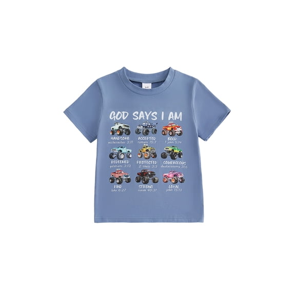 BemeyourBBs God Says I Am Toddler Baby Boy Summer Outfit Kids Baby Boy Christening Clothes Short Sleeve Vehicle Letters Print Summer T Shirt Tops Clothes