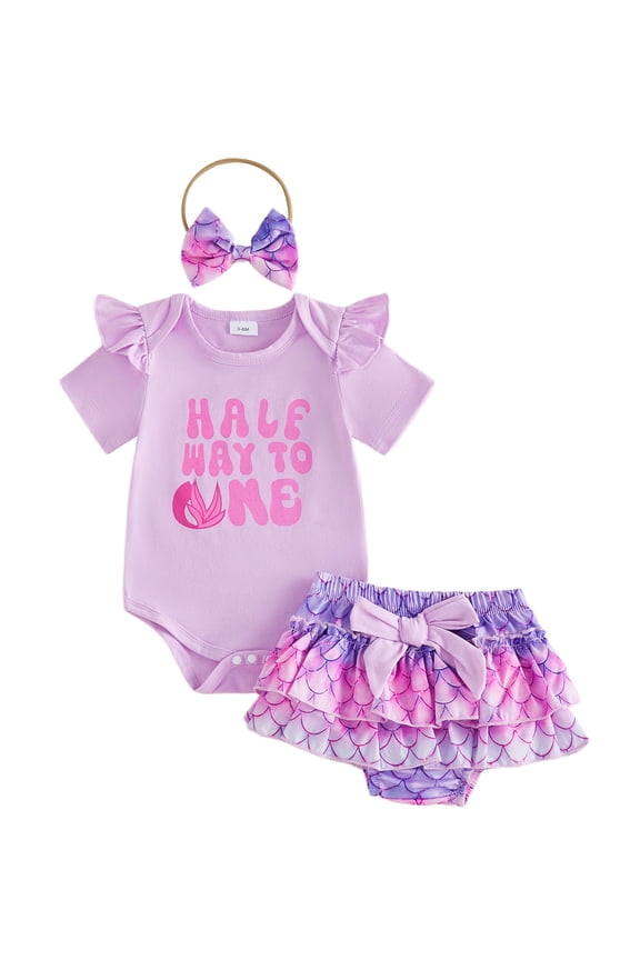 Half Way To One Baby Girl Outfit 1/2 Half Birthday Girl Outfit Letter Print Short Sleeve Romper Ruffle Golf Mermaid Shorts Skirt Set Headband 3 Piece Cute Infant Summer Clothes
