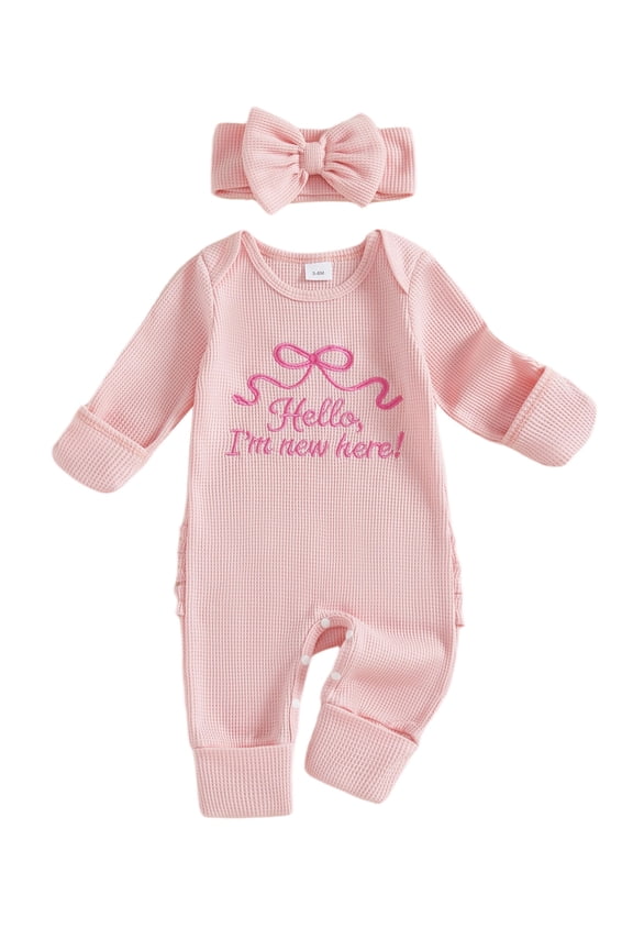 Hello I'm New Here Newborn Baby Girl Romper Going Home Outfits Bow Embroidered Long Sleeve Jumpsuit Headband