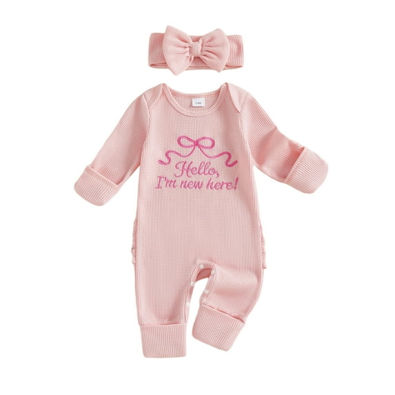 BemeyourBBs Hello I'm New Here Newborn Baby Girl Romper Going Home Outfits Bow Embroidered Long Sleeve Jumpsuit Headband