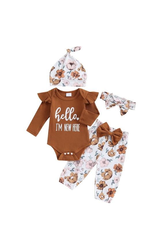 Hello I'm New Here Baby Girl Spring Fall Winter Essentials Clothes Newborn Come Home Outfit Letter Print Long Sleeve Romper with Flower Pants Set Hat Headband