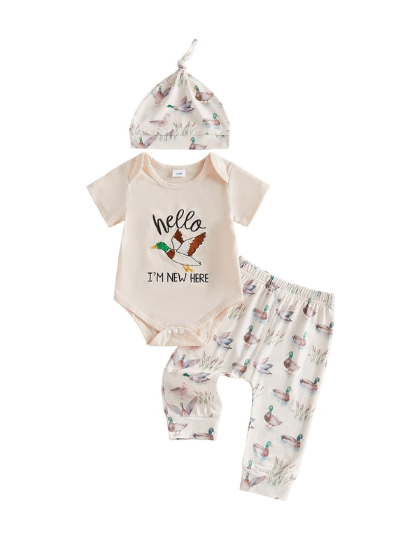 Hello I'm New Here Newborn Baby Boys Come Home Outfit Mallard Duck Embroidery Short Sleeve Romper with Pants Hat Cute Infant Summer Clothes