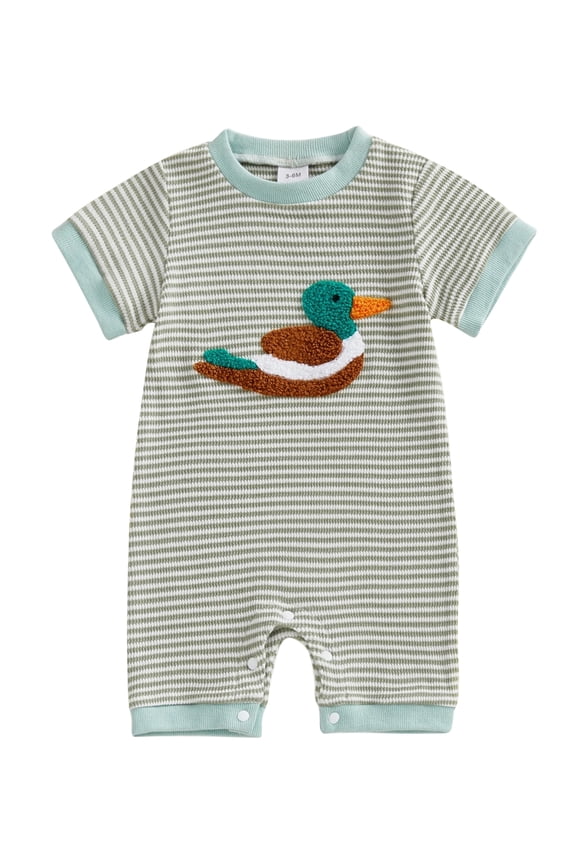 Infant Baby Boy Mallard Duck Outfits Newborn Summer Romper Crew Neck Short Sleeve Waffle Knit Embroidery Striped Jumpsuit One Piece Clothes