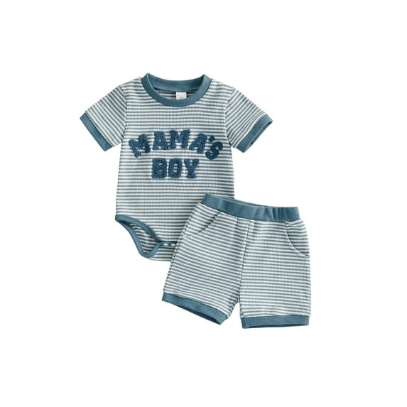 BemeyourBBs Infant Baby Boy Mama's Boy Outfit Newborn Boys Summer Clothes Waffle Knit Stripe Letter Embroidery Short Sleeve Romper Elastic Waist Shorts 2 Piece Set