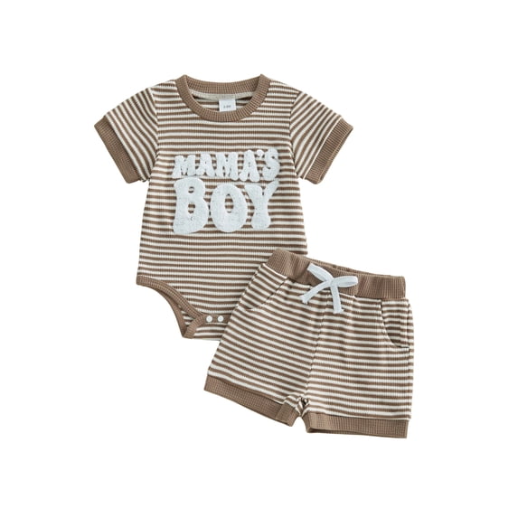 BemeyourBBs Infant Baby Boy Mama's Boy Outfit Newborn Boys Summer Clothes Waffle Knit Stripe Letter Embroidery Short Sleeve Romper Elastic Waist Shorts 2 Piece Set
