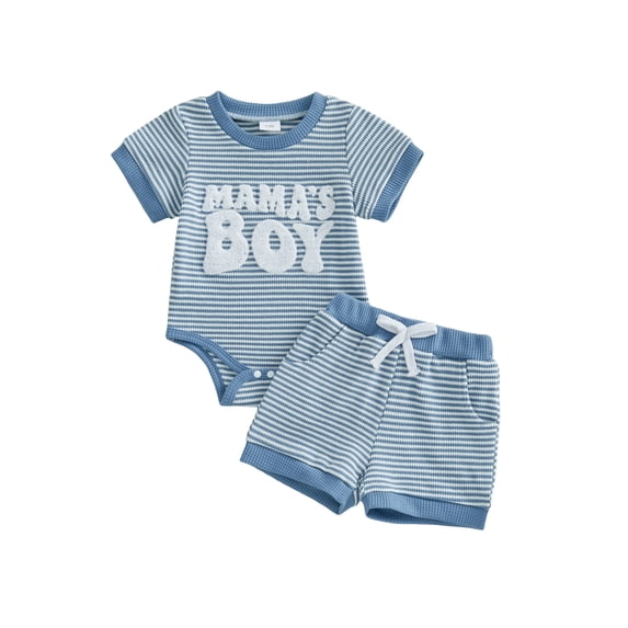 BemeyourBBs Infant Baby Boy Mama's Boy Outfit Newborn Boys Summer Clothes Waffle Knit Stripe Letter Embroidery Short Sleeve Romper Elastic Waist Shorts 2 Piece Set