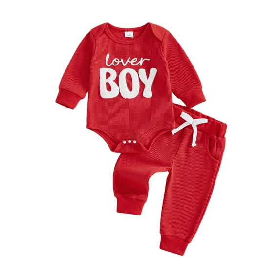 BemeyourBBs Infant Baby Boy Valentines Day Outfit Newborn Fall Winter Spring Clothes Lover Boy Letter Embroidery Waffle Knit Romper Pants Set