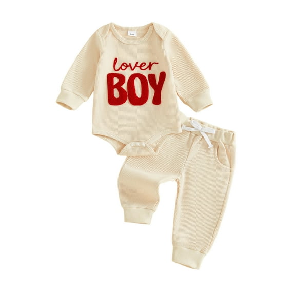 BemeyourBBs Infant Baby Boy Valentines Day Outfit Newborn Fall Winter Spring Clothes Lover Boy Letter Embroidery Waffle Knit Romper Pants Set