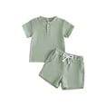 thumbnail image 1 of BemeyourBBs Infant Baby Boys Girls Summer Clothes Toddler Baby Boy Girl Summer 2 Pieces Outfit Waffled Solid Color Short Sleeve Button Shirt Tops with Pockets Shorts Set, 1 of 9