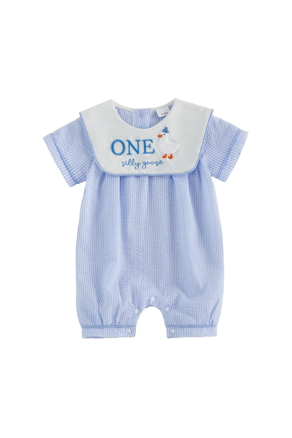 Infant Baby First Birthday Outfit 1st Birthday One Years Old Clothes Summer Bubble Romper Silly Goose Letters Embroidery Short Sleeve Striped Jumpsuit Shorts Playsuit