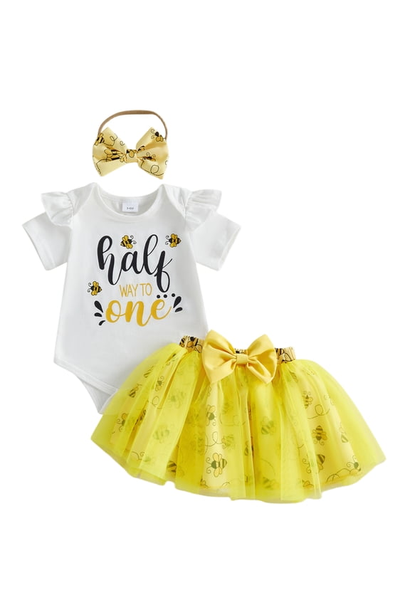 Infant Baby Girl 1/2 Half Birthday Outfit Half Way To One Outfit Letter Bee Print Short Sleeve Romper Bow Tulle Tutu Skirt Set Headband 3 Pcs Summer Clothes