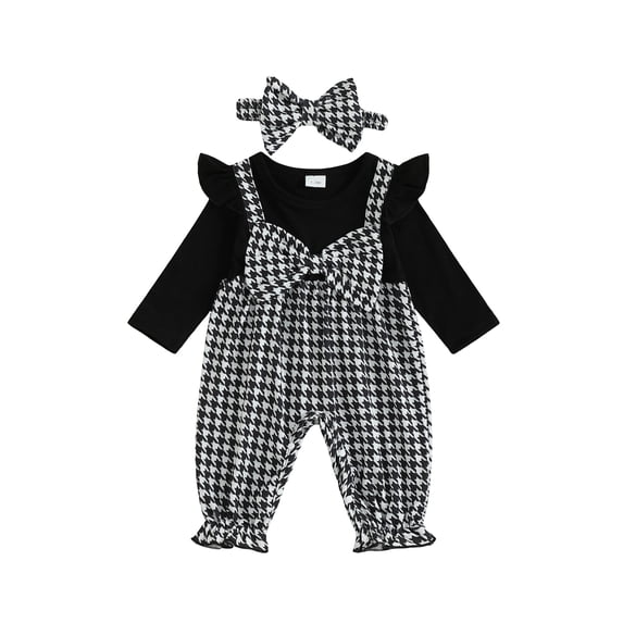 BemeyourBBs Infant Baby Girl Clothes Spring Fall Winter Romper Outfit Bow Houndstooth Printed Long Sleeve Round Neck Bow Front Fake Two-Piece Patchwork Jumpsuit
