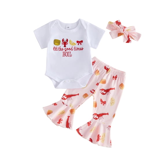 BemeyourBBs Infant Baby Girl Crayfish Outfit Summer Clothes Short Sleeve Lobster Corn Embroidery Romper Let The Good Times Boil Shirt Flare Pants Bell Bottoms And Headband Set