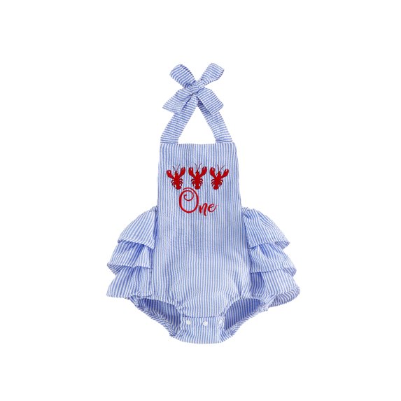 BemeyourBBs Infant Baby Girl First Birthday Crawfish Outfit Summer 1 Years Old Birthday Clothes Baby Striped Halter Ruffle Romper Lobster Embroidery Sleeveless Jumpsuit Bodysuit Playsuit