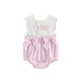 thumbnail image 1 of BemeyourBBs Infant Baby Girl First Birthday Outfit 1 Years Old Birthday Clothes Summer Bubble Romper Sleeveless Cake Embroidery Front Bow Bodysuit Playsuit One Piece Outfit, 1 of 9