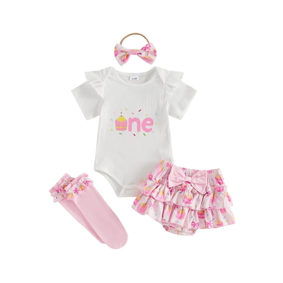 BemeyourBBs Infant Baby Girl First Birthday Outfits 1st Years Old Birthday Clothes Ruffle Short Sleeve Cake Print Romper Layered Skort Ruffle Tutu Skirt Headband and Socks Set