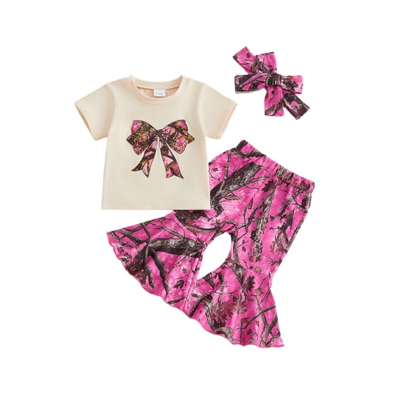 BemeyourBBs Infant Baby Girl Hunting Clothes Toddler Baby Girls Summer Clothes 2 Pieces Outfit Bow Printed T Shirt with Jungle Camo Bell Bottom Flare Pants Set Headband