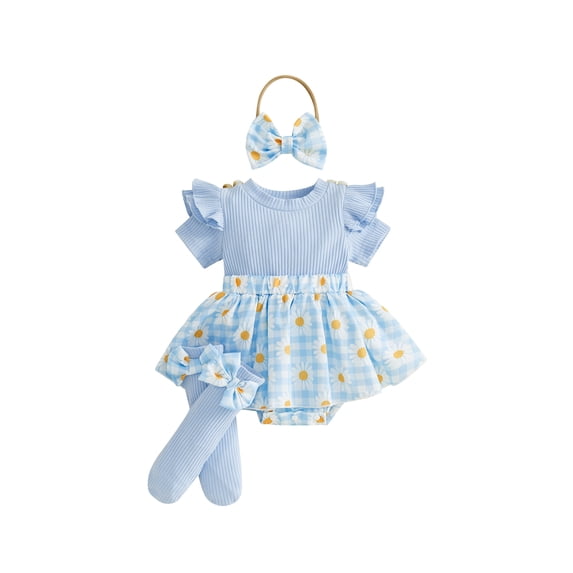 BemeyourBBs Infant Baby Girl Spring Summer Fall Clothes Floral Romper Dress with Socks Ruffle Short Sleeve Dress Bodysuit Bow Headband and Stockings Set 2 Pieces Outfit