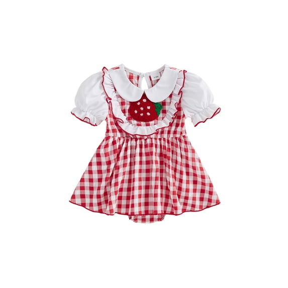 BemeyourBBs Infant Baby Girl Strawberry Outfits Summer Gingham Plaid Romper Dress Short Sleeve Embroidery Dress Bodysuit Newborn Playsuit Clothes
