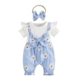 thumbnail image 1 of BemeyourBBs Infant Baby Girl Summer Clothes Floral Patchwork Romper Ruffle Short Sleeve Daisy Print Fake Two-piece Front Bow Jumpsuit with Headband, 1 of 9