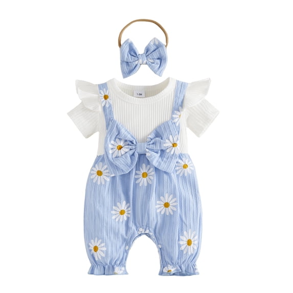 BemeyourBBs Infant Baby Girl Summer Clothes Floral Patchwork Romper Ruffle Short Sleeve Daisy Print Fake Two-piece Front Bow Jumpsuit with Headband