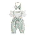 thumbnail image 1 of BemeyourBBs Infant Baby Girl Summer Clothes Floral Patchwork Romper Ruffle Short Sleeve Daisy Print Fake Two-piece Front Bow Jumpsuit with Headband, 1 of 9