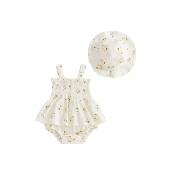 BemeyourBBs Infant Baby Girl Summer Clothes Outfit Baby Girls Smocked Romper Dress Sleeveless Square Neck Floral Print Bodysuit Princess Dress and Sun Hat Set 3 6 9 12 18 Months