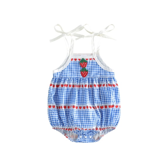 BemeyourBBs Infant Baby Girl Summer Clothes Plaid Bubble Romper Strawberry Plaid Sleeveless Bodysuit Cute Strap Tie Up Square Neck Overalls Playsuit