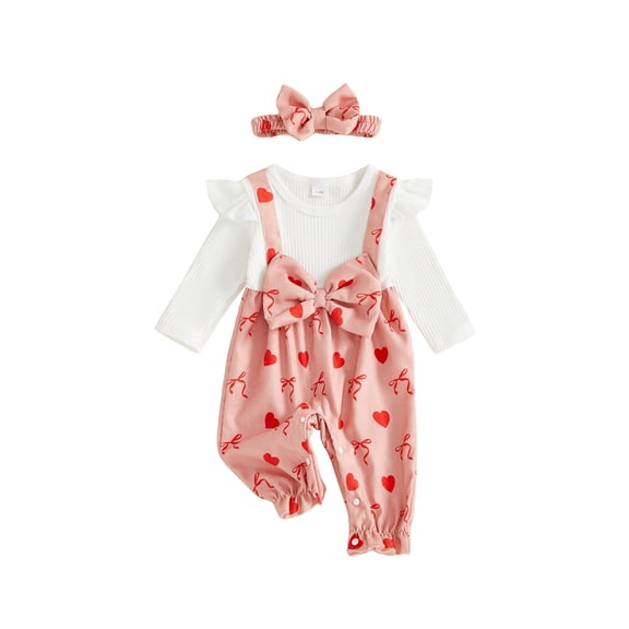 BemeyourBBs Infant Baby Girl Valentines Day Outfit Ruffle Long Sleeve Heart Bow Print Jumpsuit with Headband Newborn Fall Spring Clothes