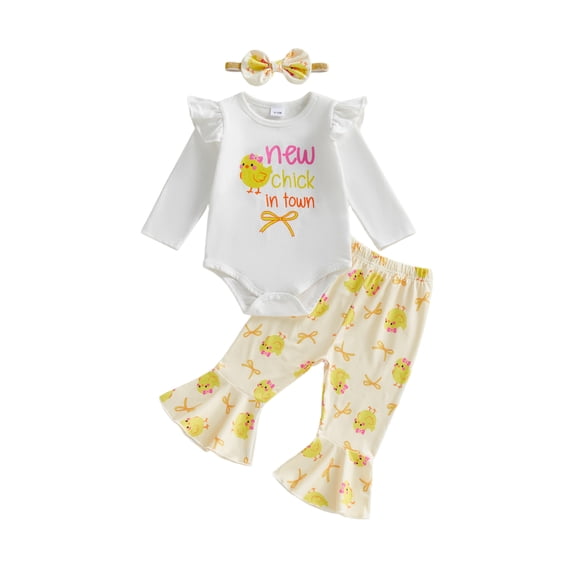 BemeyourBBs Infant Baby Girls Easter Chick Outfits Cute Girls Spring Clothes Long Sleeve Letter Print Romper Chicken Print Flared Pants Sets Headband Newbron Coming Home Outfit
