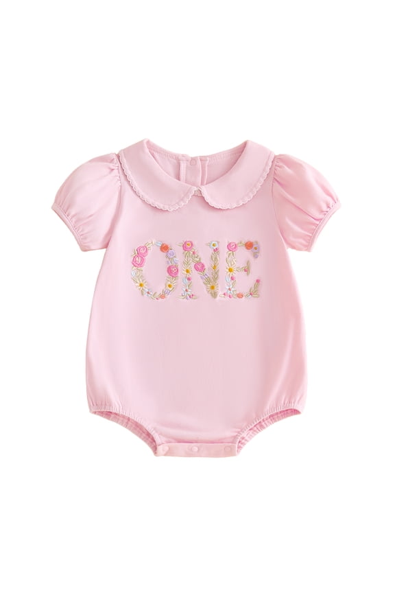 Infant Baby Girls First Birthday Outfit 1st Years Old Birthday Clothes Bubble Romper Cute Floral Letters Embroidery Short Sleeve Summer Jumpsuit Bodysuit Playsuit