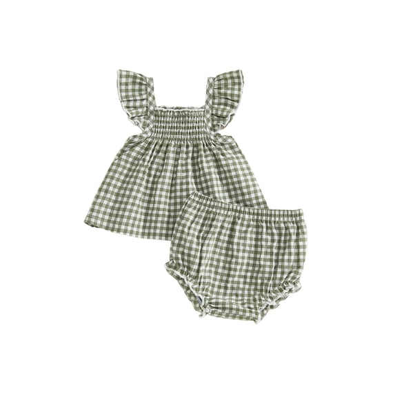 BemeyourBBs Infant Baby Girls Summer Clothes Plaid Gingham 2 Pieces Smocked Outfit Fly Short Sleeve Camisole Tank Vest Top with Elastic Waist Shorts Set