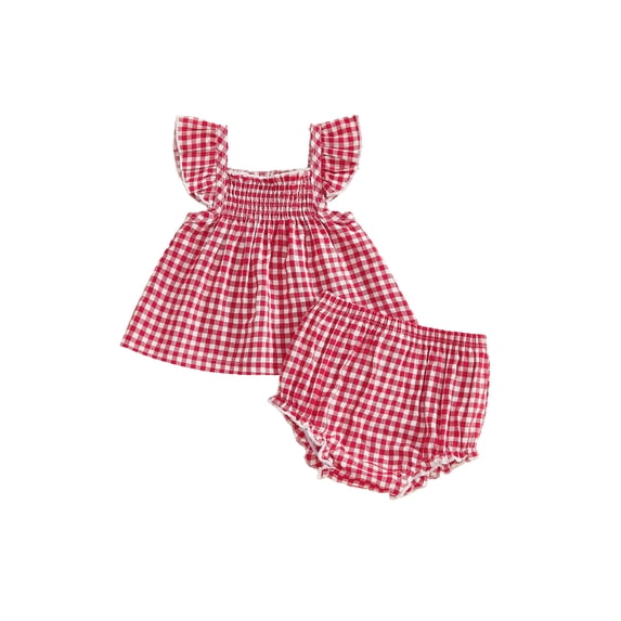 BemeyourBBs Infant Baby Girls Summer Clothes Plaid Gingham 2 Pieces Smocked Outfit Fly Short Sleeve Camisole Tank Vest Top with Elastic Waist Shorts Set