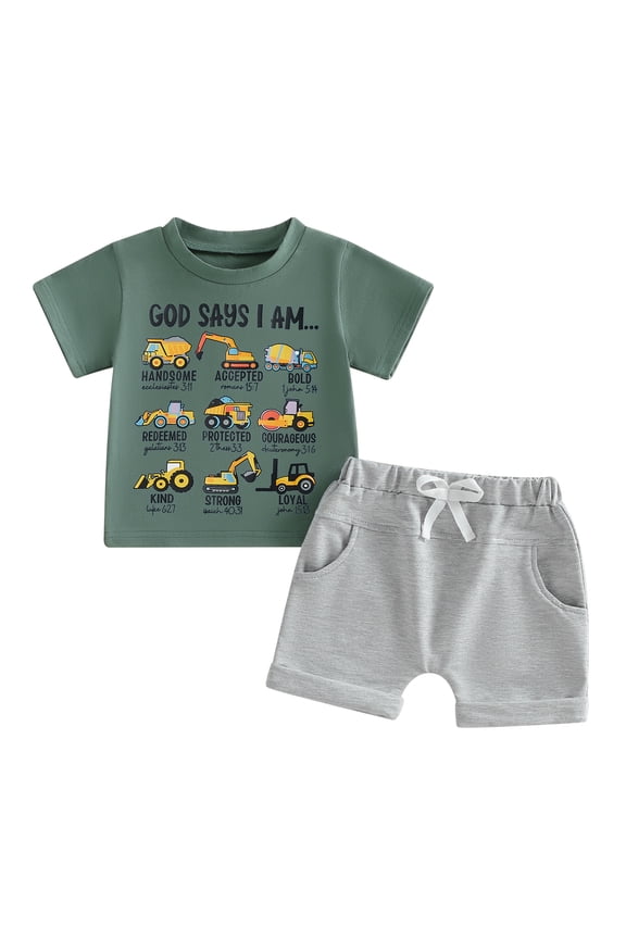 Infant God Say I Am Toddler Baby Boy Christening Clothes Shorts Set Kids Baby Summer Outfits Short Sleeve Vehicles Print T-Shirt Shorts Pockets
