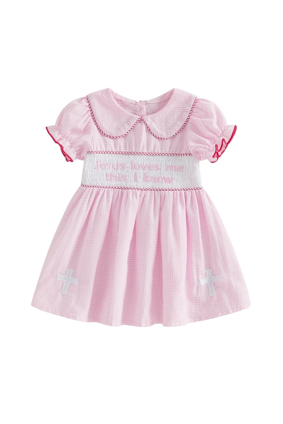 Jesus Love Me Baby Girls Clothes Toddler Baby Girl Easter Dress Outfits Summer Spring Short Sleeve Doll Collar Letter Cross Embroidery A-line Dress