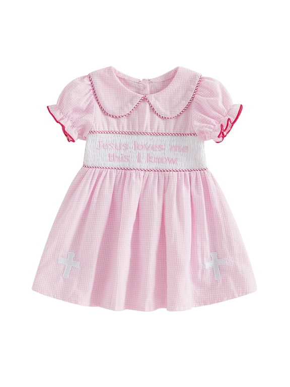 Jesus Love Me Baby Girls Clothes Toddler Baby Girl Easter Dress Outfits Summer Spring Short Sleeve Doll Collar Letter Cross Embroidery A-line Dress