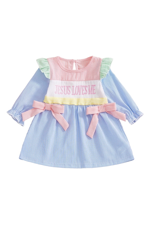 Jesus Loves Me Baby Girl Outfit Toddler Girls Christmas Easter Dress Christian Baby Clothes Ruffle Long Sleeve Crew Neck Striped Dress Baptism Church Outfit