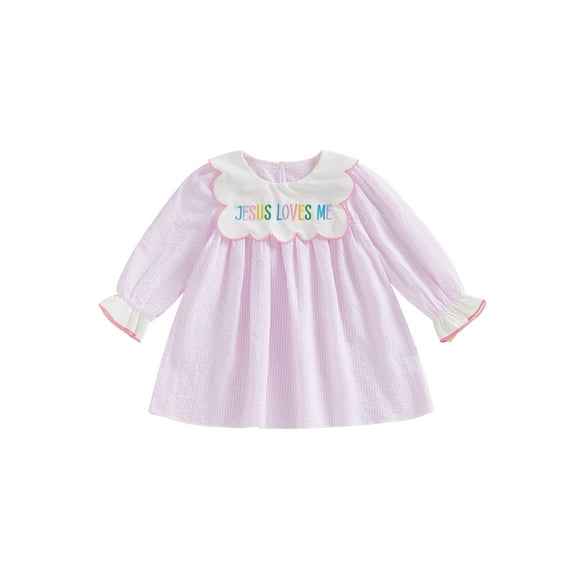 BemeyourBBs Jesus Loves Me Baby Girl Outfit Toddler Girls Christmas Easter Dress Christian Baby Clothes Ruffle Long Sleeve Crew Neck Striped Dress Baptism Church Outfit