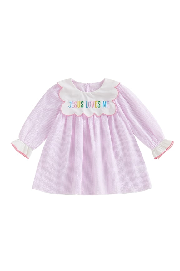 Jesus Loves Me Baby Girl Outfit Toddler Girls Christmas Easter Dress Christian Baby Clothes Ruffle Long Sleeve Crew Neck Striped Dress Baptism Church Outfit