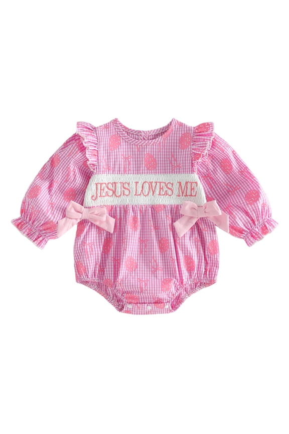 Jesus Loves Me Baby Girl Spring Christening Clothes Baby Girls Easter Outfits Smocked Buble Romper Plaid Giangham Bodysuit Letters Embroidery Jumpsuit Bow Decor