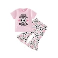 thumbnail image 1 of BemeyourBBs Kid Toddler Baby Girls Football Outfit Infant Baby Girl Summer Clothes Cute Letters Print Short Sleeve T-shirt with Soccer Bell Bottom Flare Pants Set Toddler Girls Summer Outfit, 1 of 9