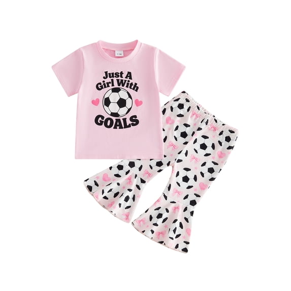 BemeyourBBs Kid Toddler Baby Girls Football Outfit Infant Baby Girl Summer Clothes Cute Letters Print Short Sleeve T-shirt with Soccer Bell Bottom Flare Pants Set Toddler Girls Summer Outfit