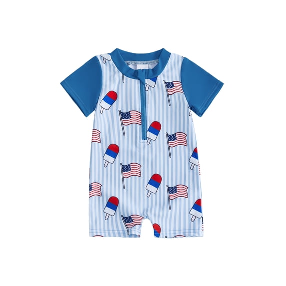 BemeyourBBs Kids Toddler Baby Boy 4th of July Swimsuit Independent Day One Piece Swimsuit Infant Boy Bathing Suit Short Sleeve Rash Guard American Flag Popsicle Swimwear Summer Beachwear