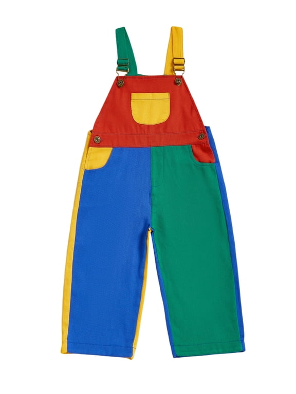 Kids Toddler Baby Boy Girl Denim Overalls Jumpsuit Contrast Color Sleeveless Square Neck Full Length Bib Overall Romper with Adjustable Shoulder Strap