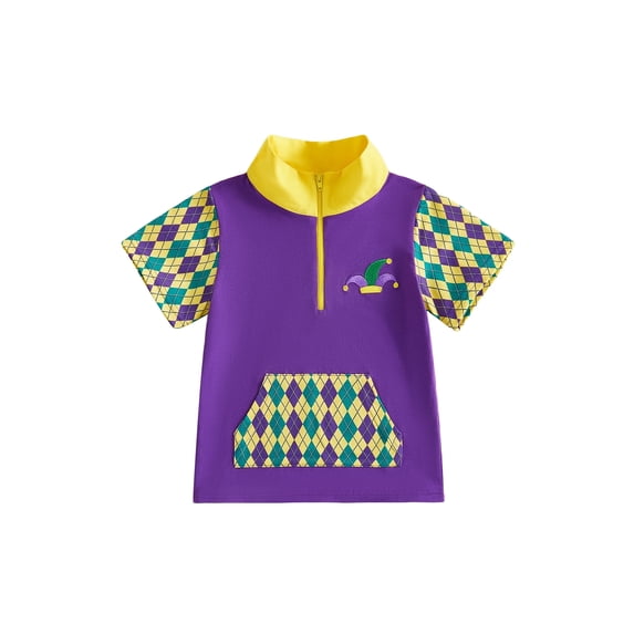 BemeyourBBs Kids Toddler Baby Boy Mardi Gras T Shirt Summer Carnival Party Clothes Geometric Print Hat Embroidery Short Sleeve Quarter Zip Pullover Tee Tops Casual