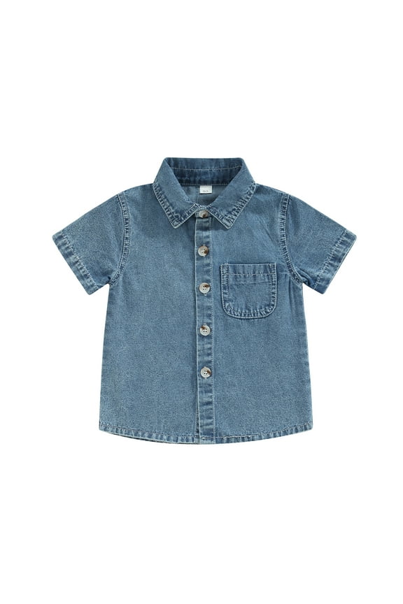 Kids Toddler Baby Boy Western Denim Shirt Short Sleeve Button Down Lapel Neck Shirt Tops Casual Tee Blouse Summer Clothes Lightweight